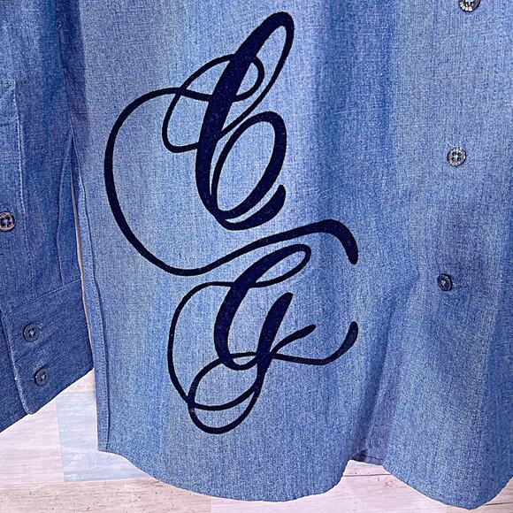 COOGI Cursive Logo Denim Shirt Blue Button Down Long Sleeve Cotton Mens Large - Picture 3 of 7